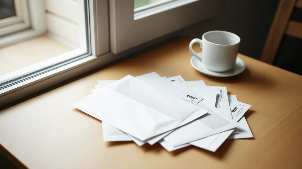 A pile of unopened window envelopes and folded mailers fanned across a kitchen table beside a cup of coffee.