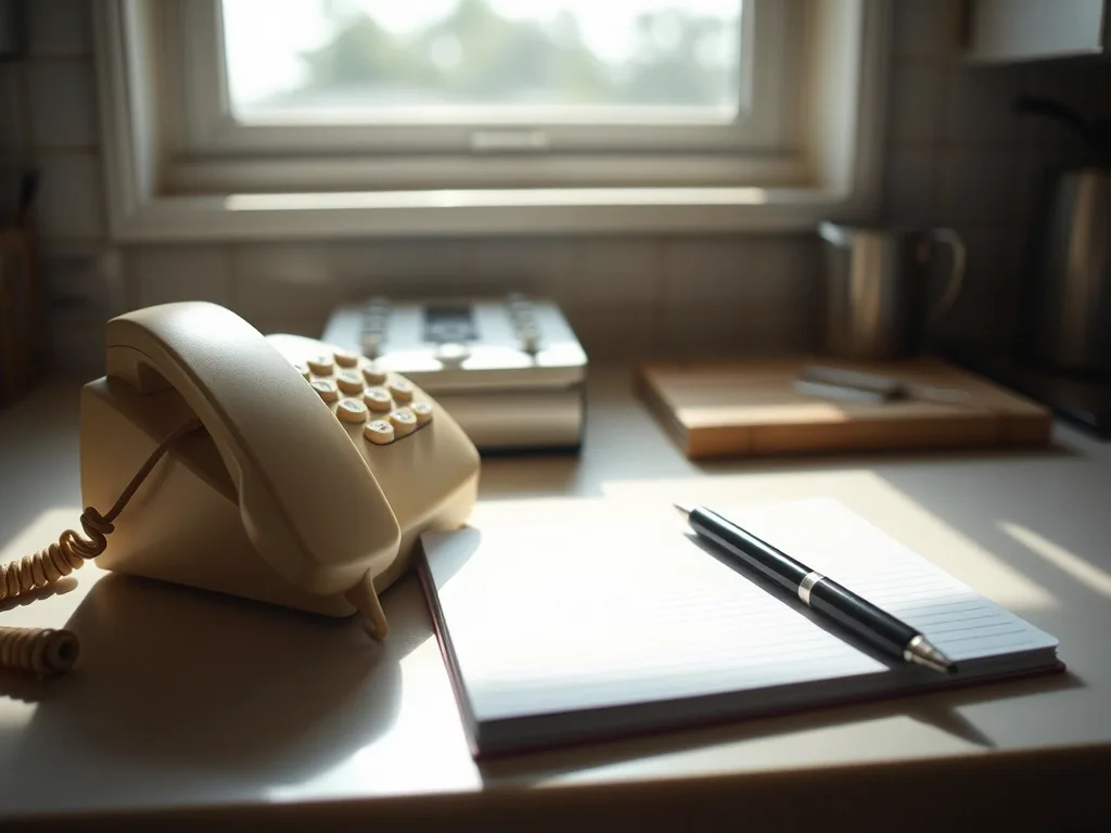 A corded desk telephone on a kitchen counter next to a blank lined notepad and a pen.