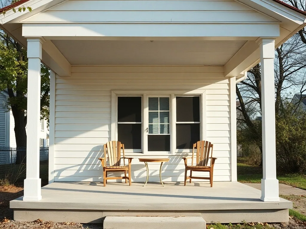 The covered front porch of a white clapboard house, two wooden chairs either side of a small table, low morning sun.