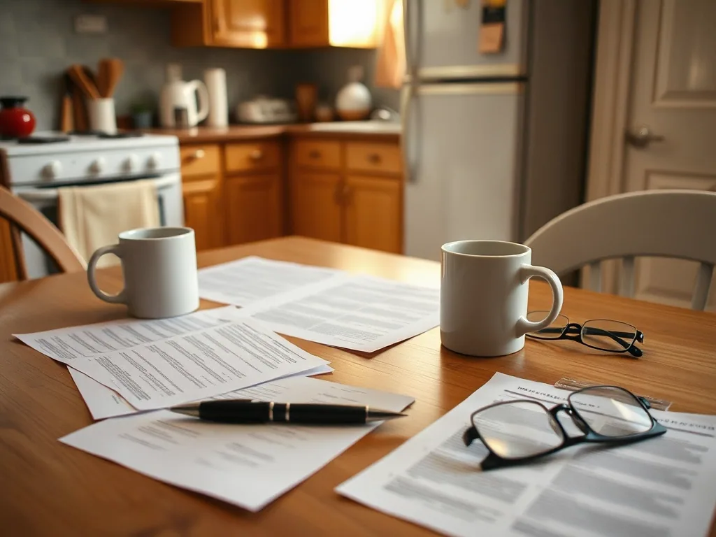 A kitchen table with paperwork spread across it, two mugs, a pen and a pair of reading glasses, warm light from the side.